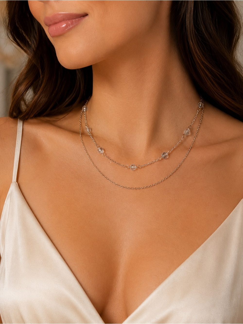 Swarovski Clear Crystal Bead Double Layer Gold Tone 16” Necklace